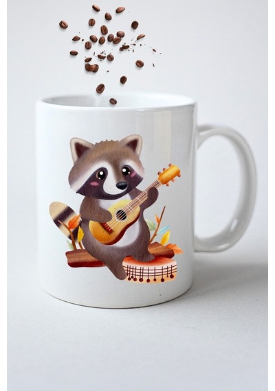 Gitar Çalan Rakun Cute Raccon Baskılı Hediye Kupa Bardak Porselen Çay Kahve Fincanı Beyaz