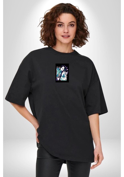 Shinobu Kocho Demon Slayer Siyah Oversize Unisex Ön Orta Minimal Baskılı Tişört Siyah
