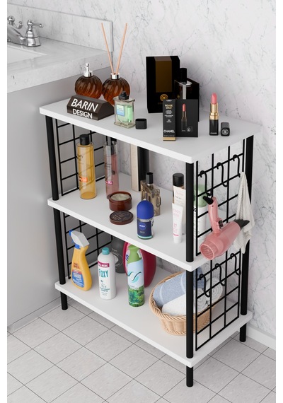 3raflı Telli Çevir Kur Çok Amaçlı Banyo Rafı Dolabı Metal Gövdeli Organizer Düzenleyici Saklama Rafı Beyaz