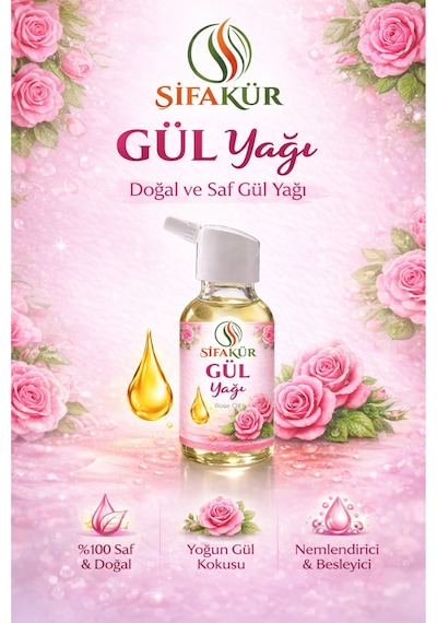 Şifakür %100 Saf Doğal Gül Yağı Damlalıklı Cilt Saç Masaj Bakımı 20ml
