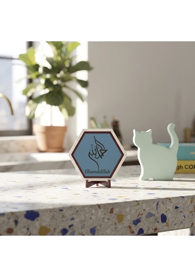 Minimalist Tasarım Elhamdülillah Masaüstü Aksesuarı, Çalışma Masalarınıza Estetik Bir Dokunuş Katan Şık Obje 10x10 Cm, Gök Mavi