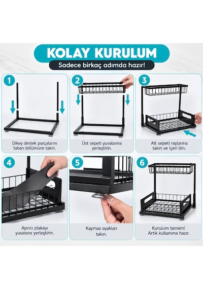 2 Katlı Çekmeceli Mutfak Rafı Organizer Dolap İçi Baharatlık Yağlık Şişelik Tezgah Üstü Düzenleyici Siyah