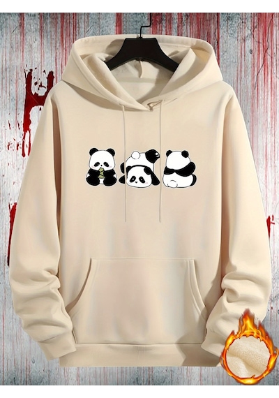 Uyguntarz Unisex Sevimli Pandalar Baskılı Oversize Sweatshirt Bej