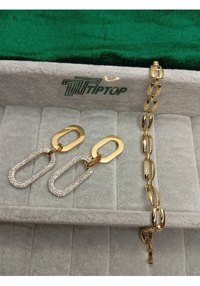 Tiptop/ Gold Renk Zirkon Taşlı Sallantılı Model Çelik Küpe - Zincir Model Zirkon Taşlı Bileklik Gold