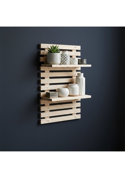 Woodify Yapışkanlı Doğal Ahşap Duvar Rafı - 50x30 Cm Matkapsız Montaj Dekoratif Mutfak Banyo Rafı Bej