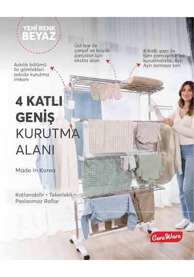 Home S4 Premium 4 Katlı Beyaz Çamaşırlık Made İn Korea Tam Katlanır Tekerlekli Çamaşır Kurutmalık