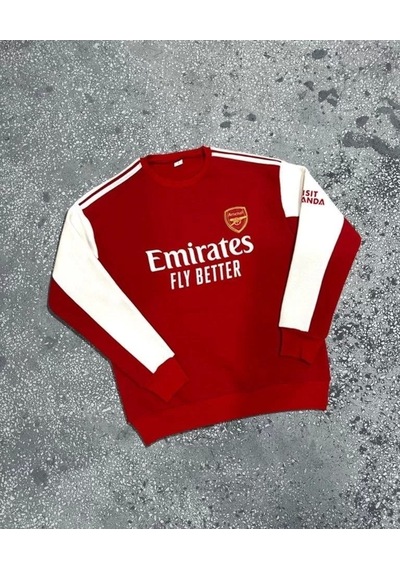 Kadın Bisiklet Yaka Kolu Şeritli Nakışlı Sweatshirt - Kırmızı