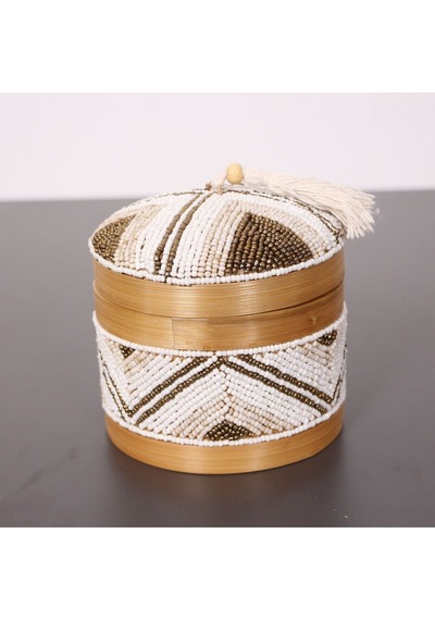 Bali Boncuklu Bambu Saklama Kutusu 12x14 Cm Beyaz