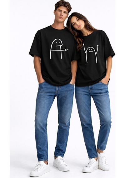 Nevermind Komik Çöp Adam Çift Tişörtü Oversize Unisex Sevgili Kombini Baskı Siyah