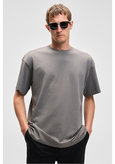 Grımelange FEON Erkek Oversize Geniş Kesim %100 Organik Pamuk Kalın Dokulu Yuvarlak Yaka Açık Gri T-Shirt