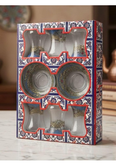 Topkapı 6 Kişilik Çay Seti, French Press Hediyeli, 9 Farklı Osmanlı Desenli Çay Bardağı Takımı 6, Topkapı Mav Diğer