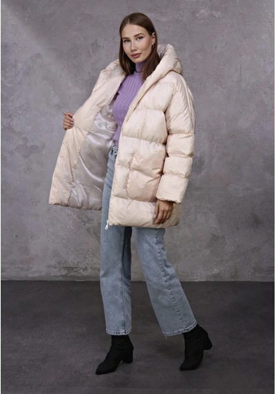 Oversize Kapşüyonlu Şişme Mont-bej Renk-412 Bej