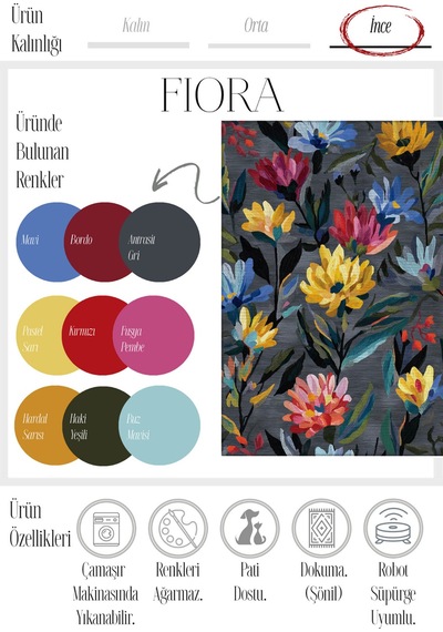 Fiora 231 Gri Renkli Çiçekli Modern Halı Yıkanabilir Dokuma Taban Salon Mutfak Oturma Odası Halısı Gri Çok Renkli