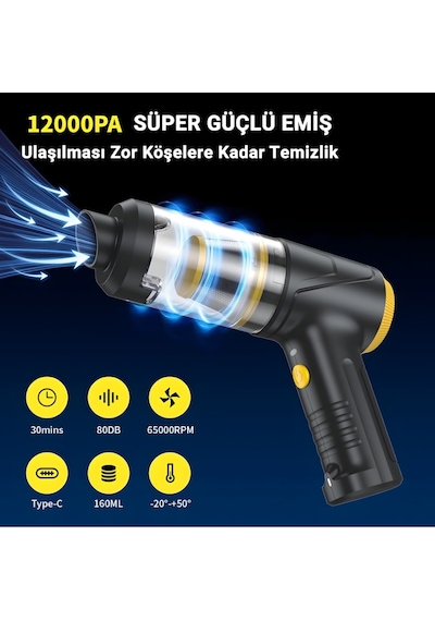 Çok Fonksiyonlu Araç Süpürgesi, Type-c Şarjlı,vakumlu Üflemeli, Işıklı, Hepa Filtreli Lt-145 1 Adet