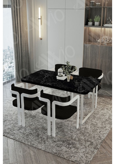 Avvio Mitra Metalayak Tokyo Demonte Sandalye 80x120 Yemek Masası Mutfak Masası 4 Kişilik Siyah Mermer