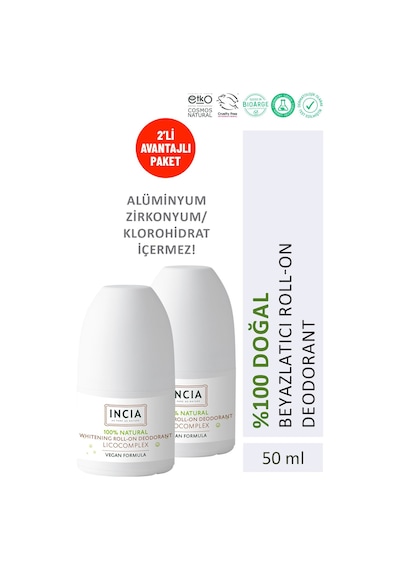INCIA %100 Doğal Roll On Deodorant Beyazlatıcı Ter Kokusu Önleyici Lekesiz 2 x 50 ML