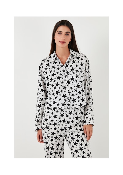 Lela Desenli Rahat Kesim Bol Paça Yazlık Bayan Pijama Takımı 6110014 Beyaz
