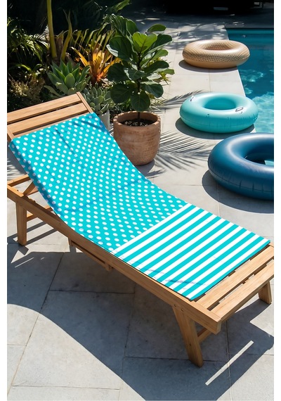 Puantiyeli Çizgili Turkuaz Beyaz Plaj Havlusu - Marine Modern Mikrofiber Hızlı Kuruyan Havlu Bulut Leylak