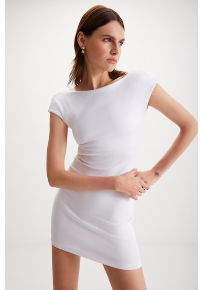 Ethıquet Arcene Kadın Organik Pamuklu Likrali Vücüdu Saran Bodycon Tek Parça Beyaz Elbise