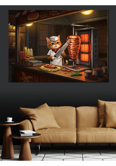 Döner Kesen Kedi Dekoratif Kanvas - Mdf Ahşap Tablo