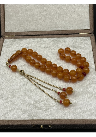 Rodajlı Gold Gümüş Aksamlı Sıkma Kehribar Tespih 10x10 Mm 32 Gr Altın - Gümüş