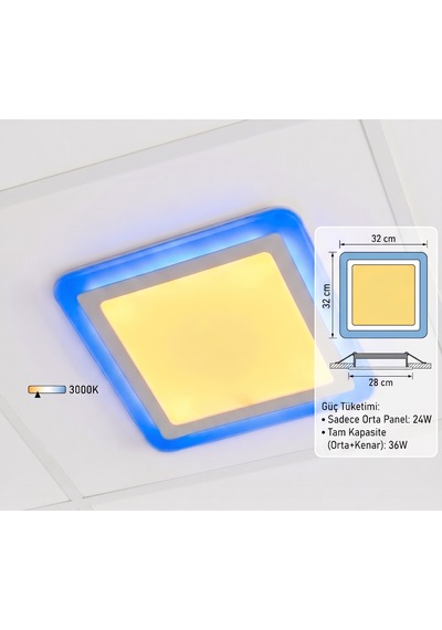 Kare Sıva Altı Led Spot Aydınlatma 36 Watt Çift Renk 3 Kademe Mavi Günışığı Gece Lambası Armatür