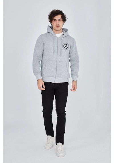 Erkek 3 İplik Pamuklu Fermuarlı Kapüşonlu Kanguru Cepli Baskılı Hoodie Hırka Sweatshirt -gri