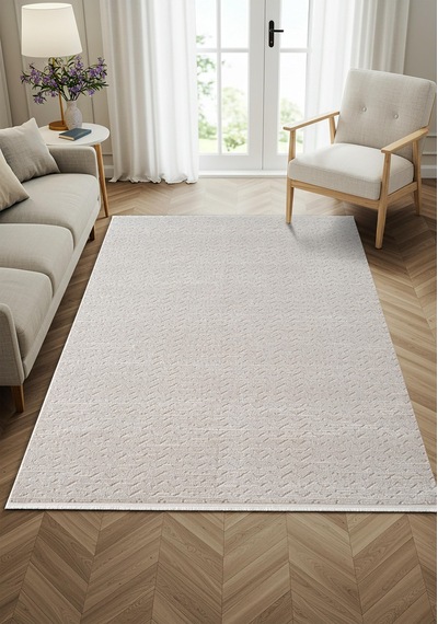 Feel Fl010w Krem Halı Modern Desenli Akrilik Tozu Az Pamuk Taban Salon Halısı Yatak Odası Koridor