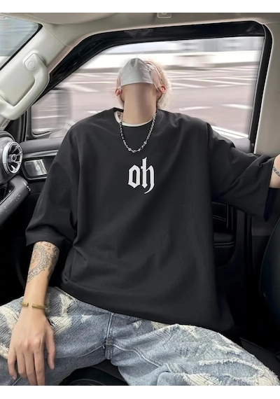 Suma Baskılı Oversize Bisiklet Yaka T-shirt Siyah M Beden