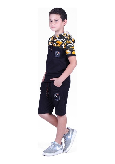Fyk Kids Kamuflaj Desenli Kaprili, Sweatshirt Lü Erkek Çocuk Alt Üst Takım Sarı