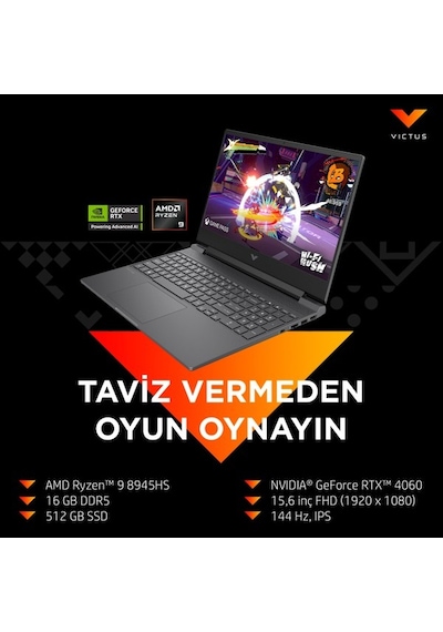 HP Victus 15-FB3007NT B82WDEA Ryzen 9 8945HS 16 GB 512 GB SSD RTX4060 15.6" Dos Dizüstü Bilgisayar