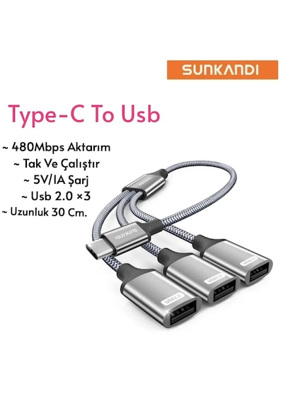 Sunkandı Type-c To Usb Çoğaltıcı 3x Usb 2.0 Çoklayıcı Hasır Örgülü Sağlam Kablo Ce Lisanslı
