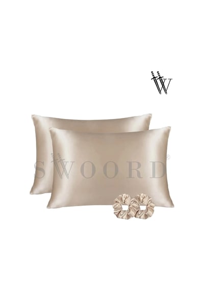 Swoord İpek Dokulu Saten Yastık Kılıfı Bej 2 Adet 50x70cm 2 Adet Saten Tokalı Bej