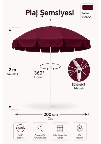 Bordo Plaj Şemsiyesi 200 Cm Çap /10 Telli, Polyester Kumaş Bordo