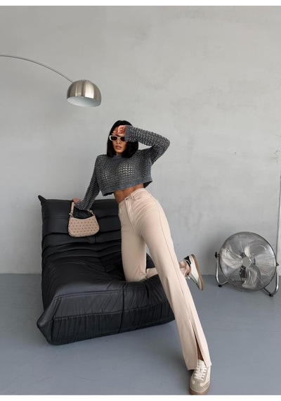 Bej Denım Kumaş Yırtmaç Detaylı Wide-leg Pantolon Bej