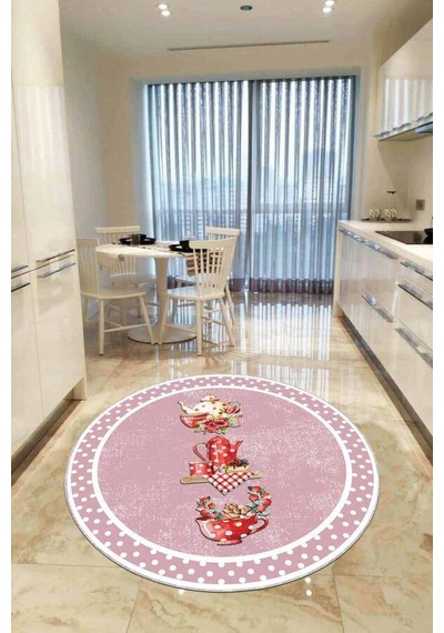 Pembe Kaymaz Çaydanlık Desenli Yuvarlak Mutfak Halısı Ar423n11