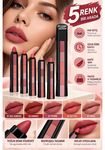 3b Trend Rose 5 Renk Bir Arada Matruşka Ruj 5 Li Mat Ruj Seti Farklı Tonlar Tek Üründe Pink Dream