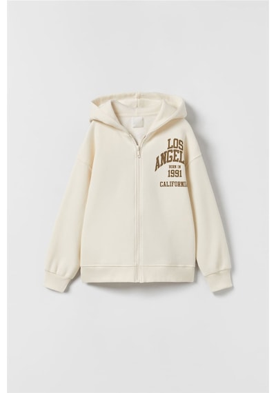 Unisex Fermuarlı Kapşonlu Pamuk Hırka Sweat Krem