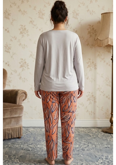 Siyah İnci Gri Desenli Büyük Beden Battal Boy Viskon Örme Pijama Takım 26224821