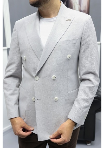 Avni Ceylan Verde Dokulu Gofre Kumaş İtalyan Stil Slim Fit Kruvaze Erkek Ceket Gri