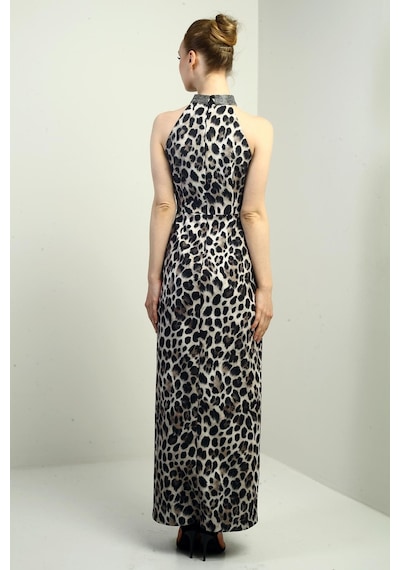By Saygı Kadın Taş Detaylı Halter Yaka Leopar Desenli Kendinden Telalı Midi Elbise-40718 Bej