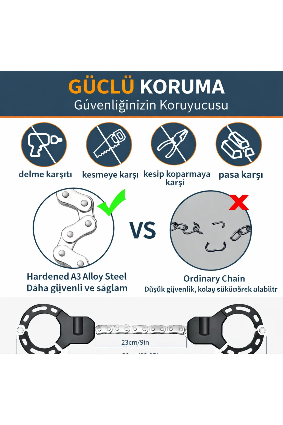 Taşınabilir Kelepçe Kilit - Kırılmaz Kelepçe & Çelik Zincir - Anahtarlı Siyah