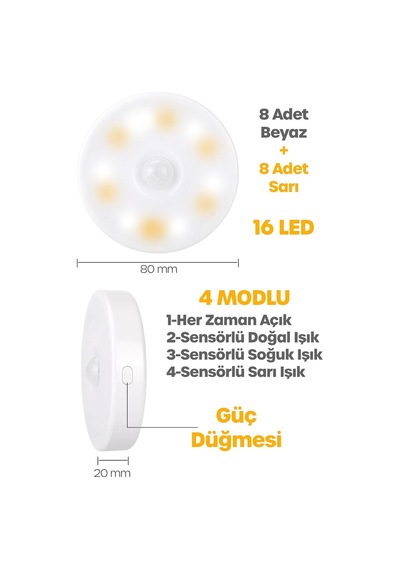 16led 3mod Hareket Sensörlü Şarjlı Led Işık Mıknatıslı Kablosuz Gece Lambası Koridor Işığı 47732 Genel