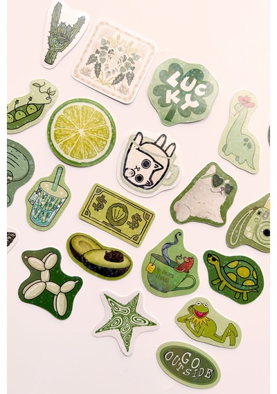 Yeşil Renk Temalı Hologram Stickerlar 21 Adet Sticker Paketi Suya Dayanıklı Laptop Termos Telefon Etiket Seti
