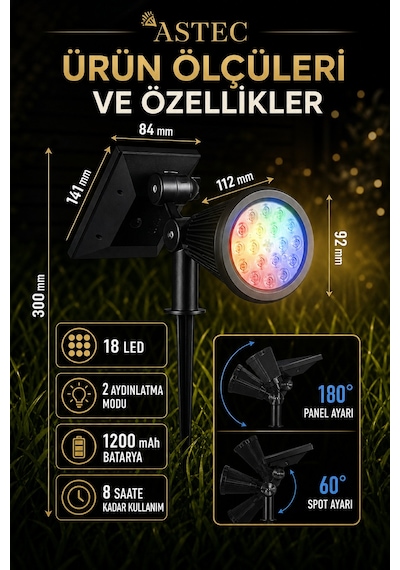 Astec Solar Güneş Enerjili Rgb Kazıklı Bahçe Aydınlatma Lambası 18w Dış Mekân Led Spot Çok Renkli