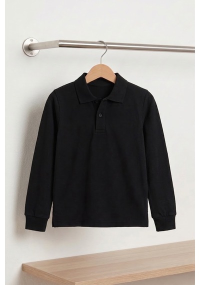 Nacar Store Unisex Çocuk Uzun Kollu Polo Yaka Lakost Okul Tişörtü Siyah