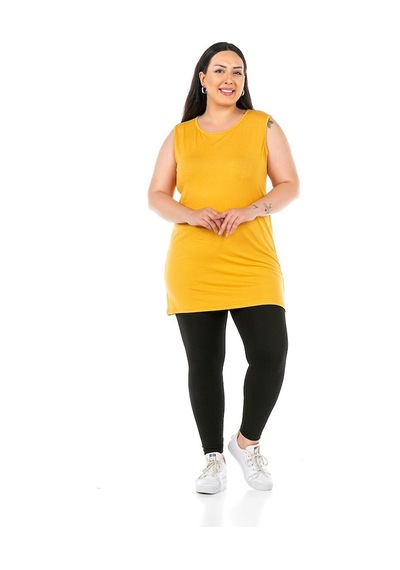 Disentis Büyük Beden Yuvarlak Yaka Kalın Askılı Viskon Uzun Hardal Body