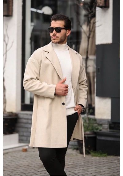 Mero Life Erkek Bej Kemerli Oversize Rahat Kesim Kaşe Kaban Bej