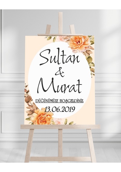 Söz Nişan Düğün İçin 50x70 Karşılama Panosu - Siyah Çiçek Desenli Beyaz