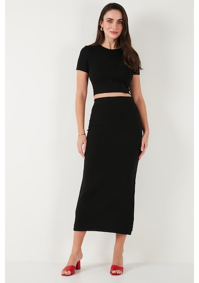 Lela Slim Fit Yırtmaç Detaylı Uzun Etekli Crop Bayan Takım 5866148 Siyah